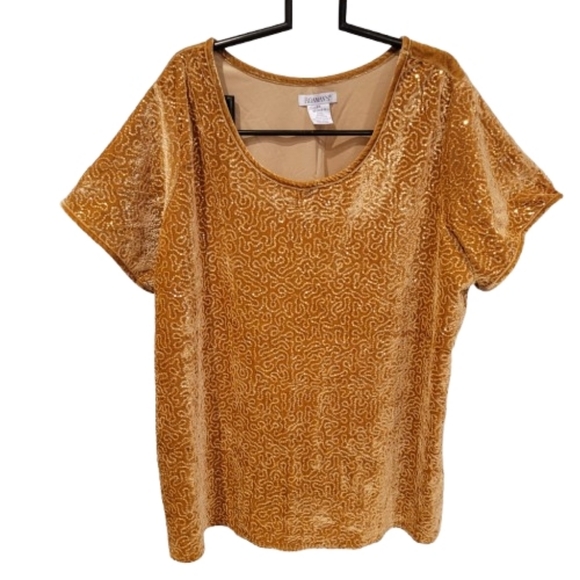 Roaman's Velour Sparking Pailette Short Sleeve Evening Top Gold 2X - Picture 2 of 11